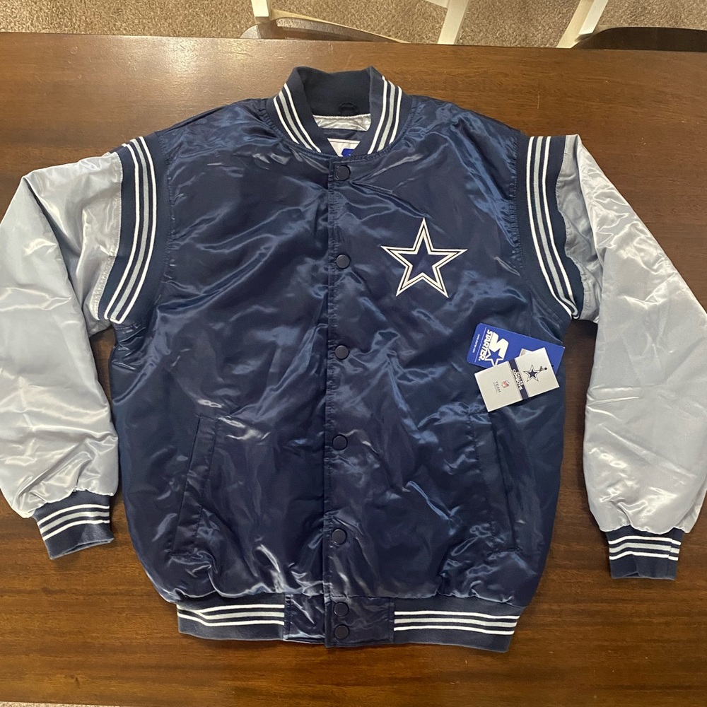 Men's Starter Navy/Silver Dallas Cowboys Enforcer Satin Varsity Jacket Sz Large